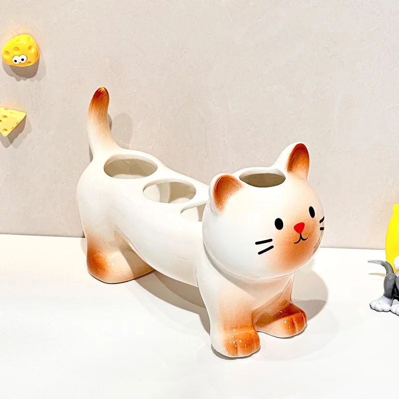 Creative Siamese Cat Ceramic Toothbrush Holder Practical Bathroom Organizer for Family