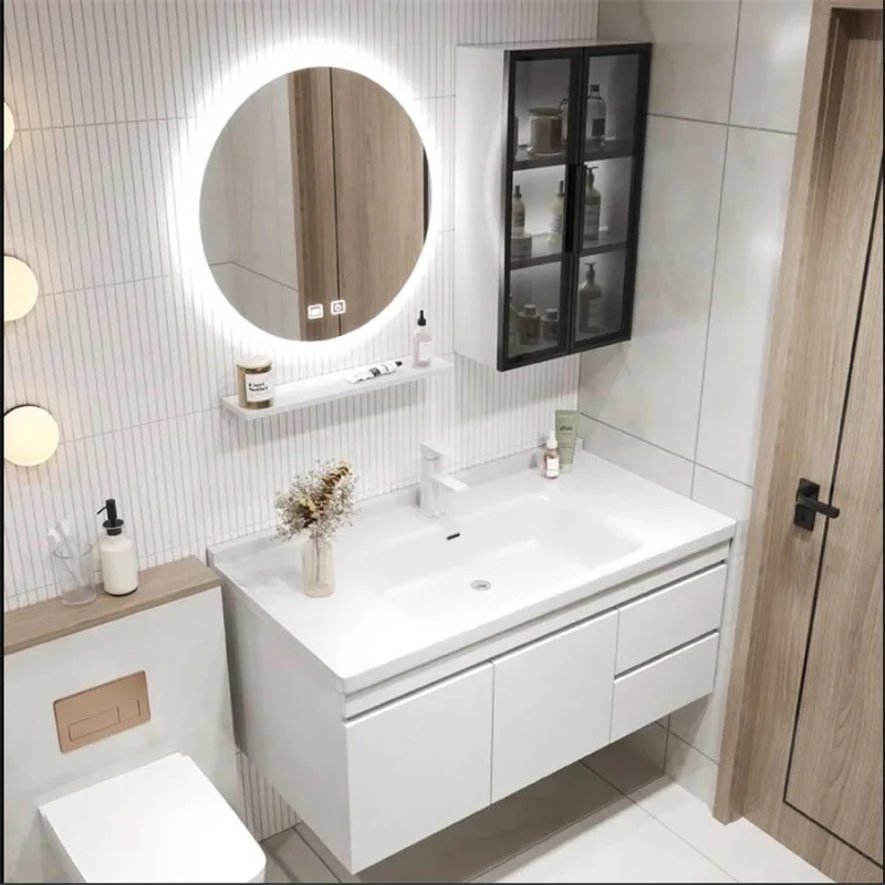 Bathroom Cabinet Marble Countertop Accessories Sets Smart Wood Cabinet Washbasin Ceramic Integrated Basin Faucet Combination