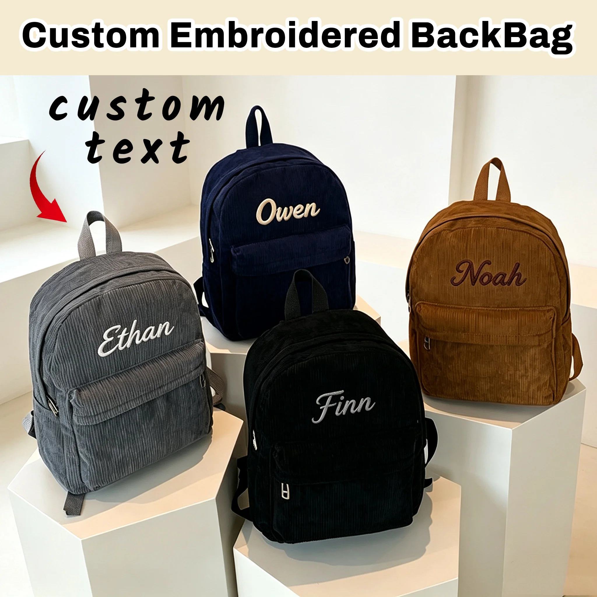 Custom Letter Embroidered Corduroy Backpack, large capacity, exquisite embroidery craftsmanship, various colors for selection,
