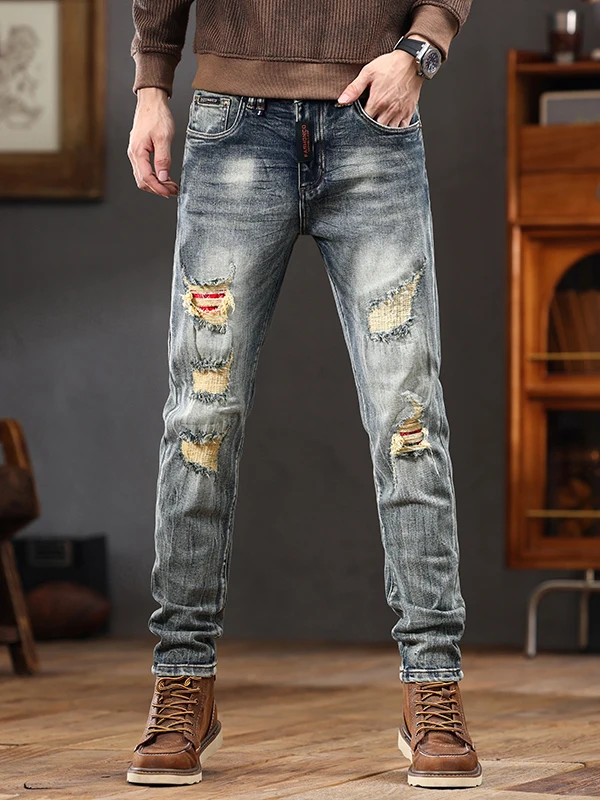 

Новые мужские джинсы 2025 года: винтажные, с рваными элементами, повседневные, прямые, из эластичного хлопкового денима, молодежные, со средней посадкой, длинные брюки