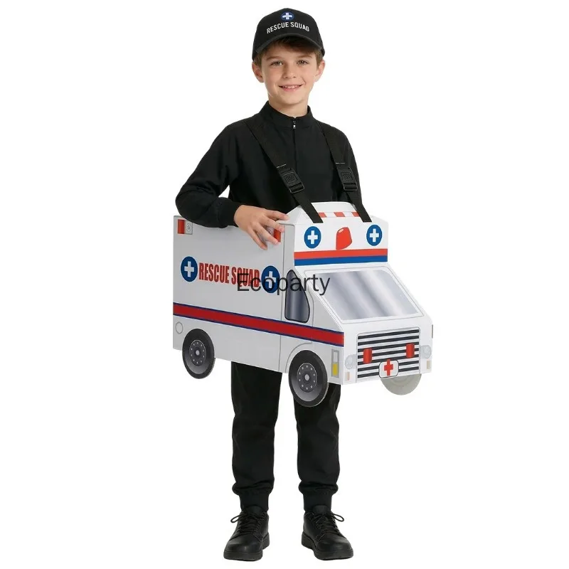 Kids Funny Fire Engine Ambulance Costume Boy Girls Firefighter Truck Car Cosplay Coverall with Hat Halloween Performance Outfits view 2
