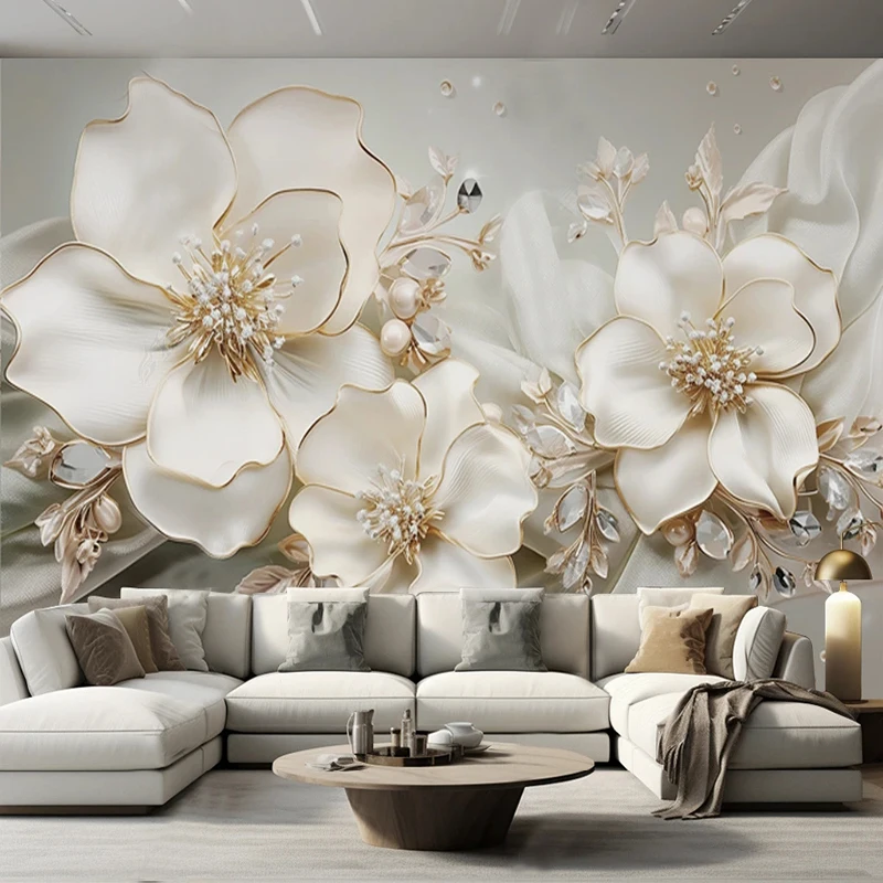 3D Wallpaper Light Luxury Beautiful Jewelry Flower Relief Photo Wall Murals Living Room TV Sofa Bedroom Home Decor Background