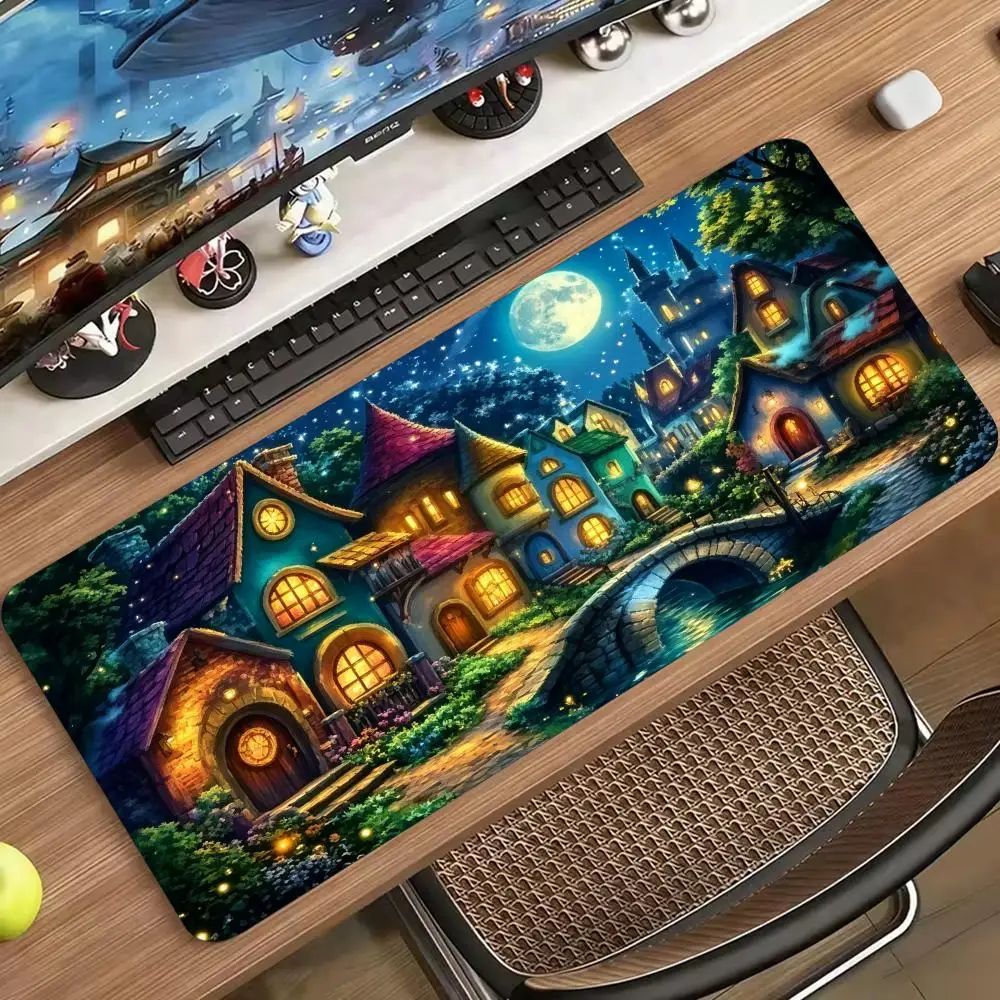 Fairy Tale Cottage Village Moonlit Bridge Large Gaming Mouse Pad XXL Desk Mat Non-Slip Stitched Edge for Magic Desk Decor