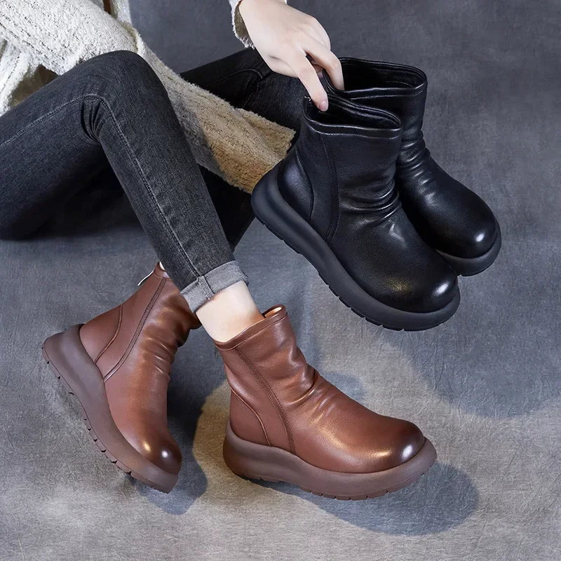 5CM Big Size 35-43 Fashion Women Boots 2024 New Autumn Winter Genuine Leather Thick Bottom Platform Wedges Heel Warm Ankle Boots