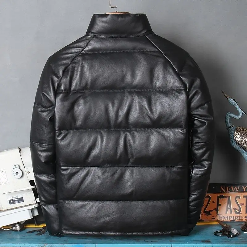 Puffer Jacket Men Leather Genuine Cowhide Duck Down Jacket Male Stand Collar Coat Winter Real Leather Man Clothes Feather Jacket