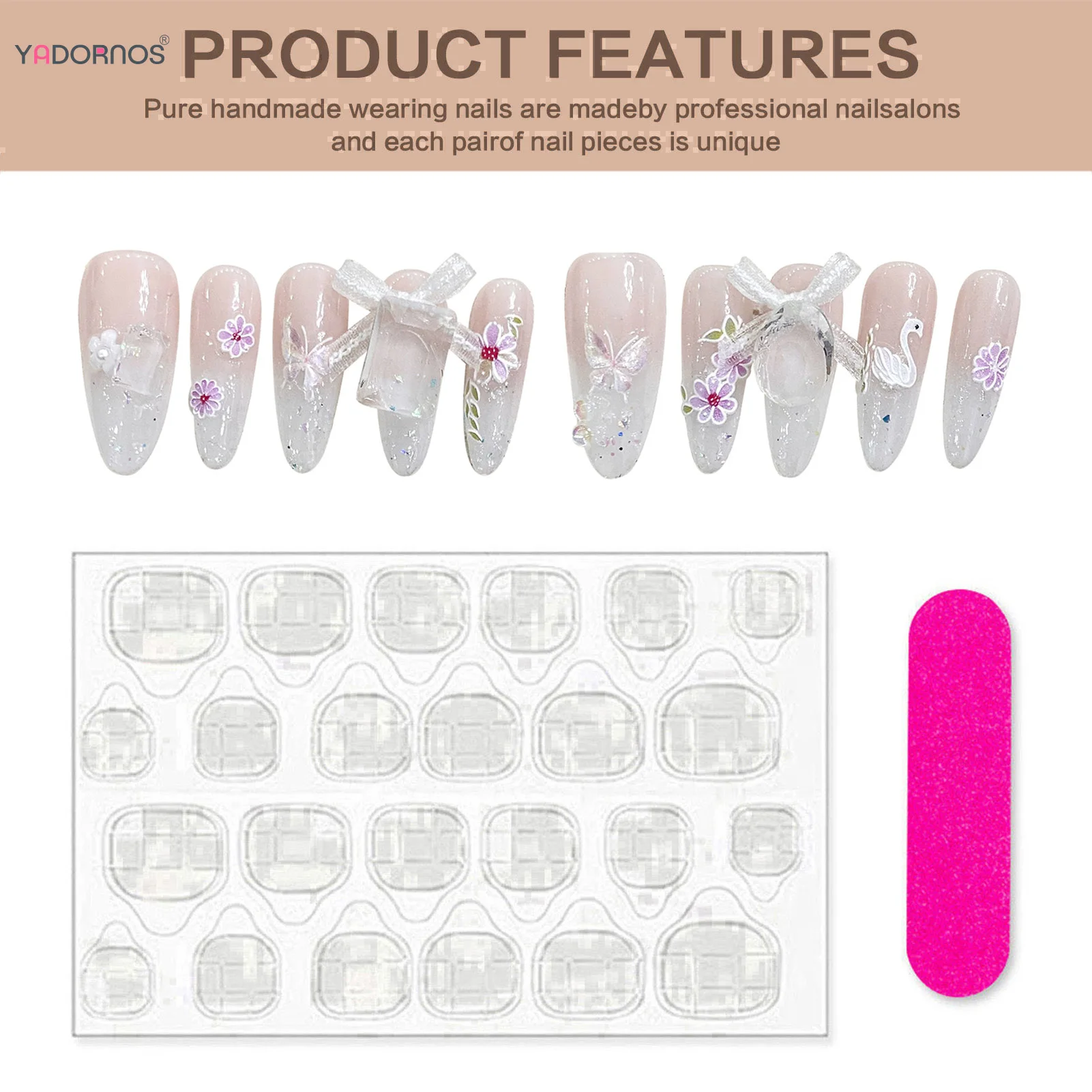 Uñas postizas de almendra larga, manicura de estilo francés, Rosa degradado, lazo hecho a mano, presione sobre la uña con flor, decoración de diamantes brillantes