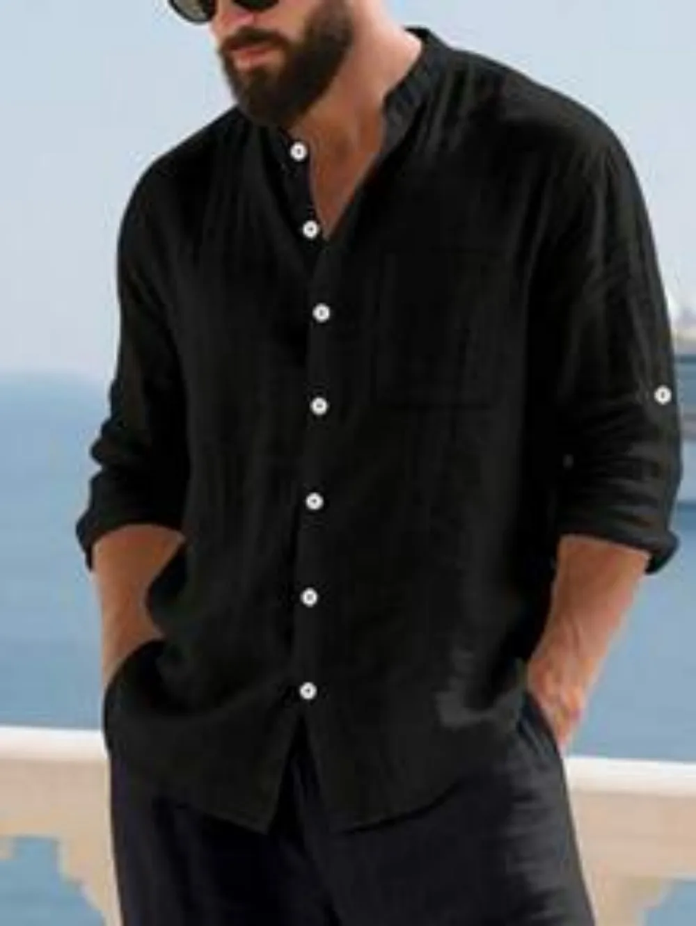 Spring and Summer Linen Summer Beach Style Solid Color Single Breasted Breathable Shirt with Chest Button Pocket and Rolled Up S