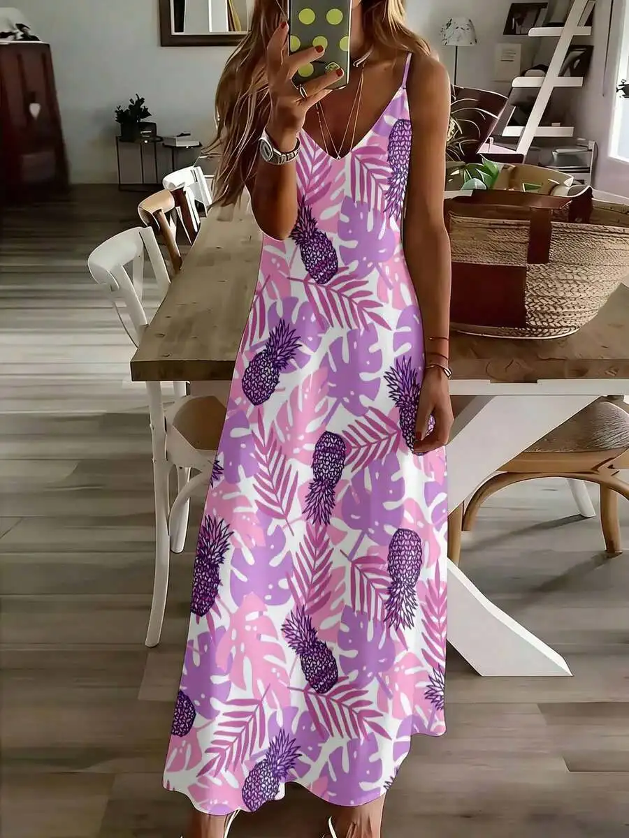 

Pink Purple Pineapple Print Sleeveless V Neck Maxi Dress For Women Summer Beach Casual