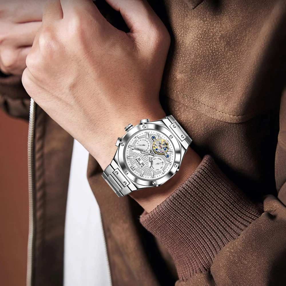 ساعة X-GEAR للرجال بحركة ميكانيكية مع قرص كبير وحزام من الفولاذ المقاوم للصدأ كاجوال/نمط الحفلات مضيئة ومقاومة للماء