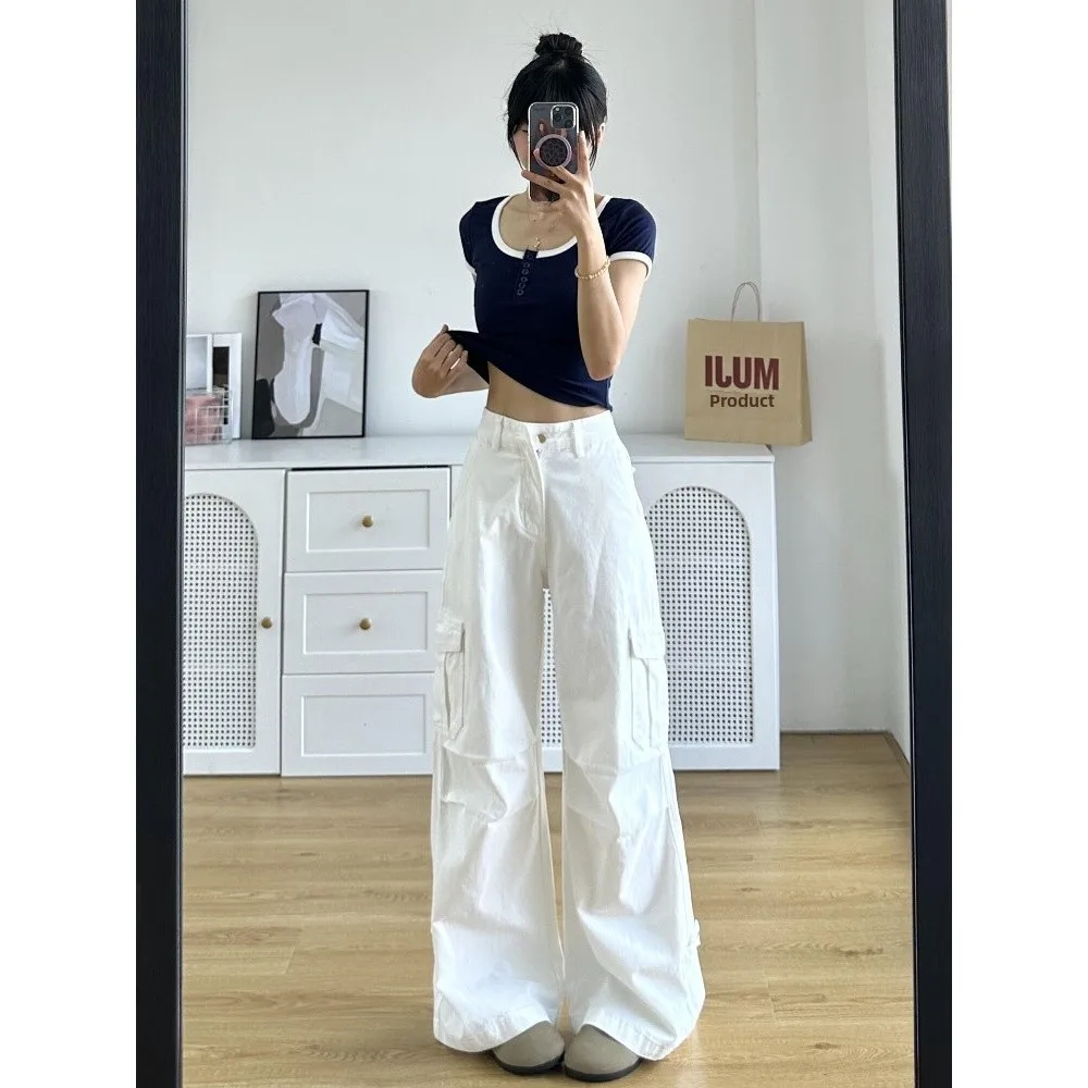 High Waist Loose Fit Workwear Denim Pants Women's Spring Autumn Light Blue White Wide Leg Pants Cuffed Bottom Vintage Style