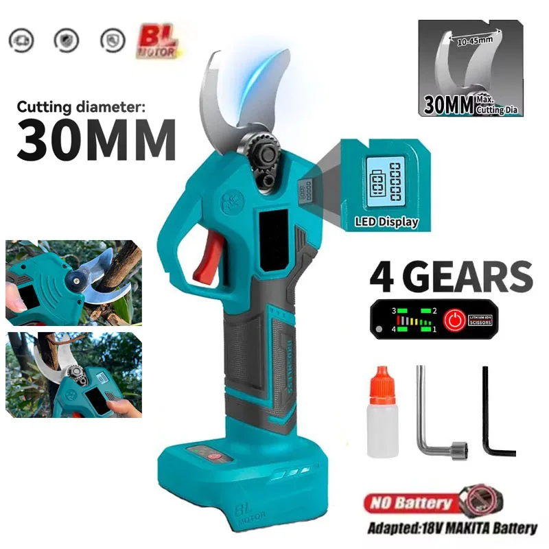 

30mm Brushless Electric Pruner Shear 4 Gears Cordless Garden Bonsai Electric Scissors Power Tools for Makita 18V Battery