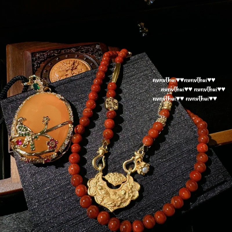 

Myanmar Red Jade Tourmaline Peace Lock Sweater Chain Rich Family Gold Plating18KGold Chicken Oil Yellow Chalcedony Bird Necklace