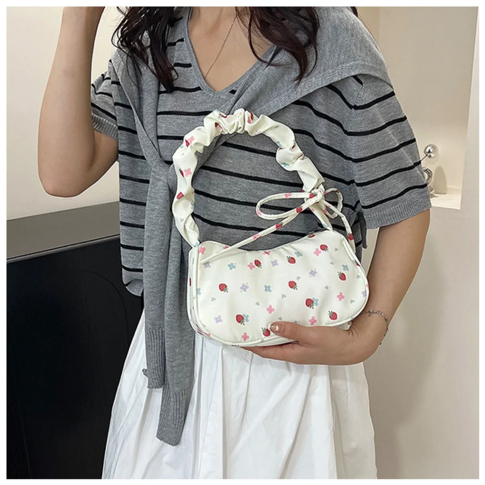 

Summer Butterfly Strawberry Cherry Print Underarm Bag Women Sweet Handbag Drawstring Pleated Shoulder Bag Versatile Hobos Bag