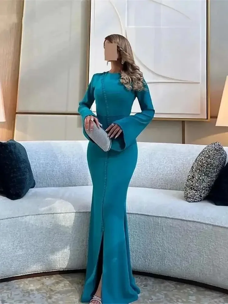 customizeNew Fashion Blue Chiffon O-Neck Long Sleeves Prom Dresses Strapless Floor-Length A Line Lace Evening Dress robes soirée