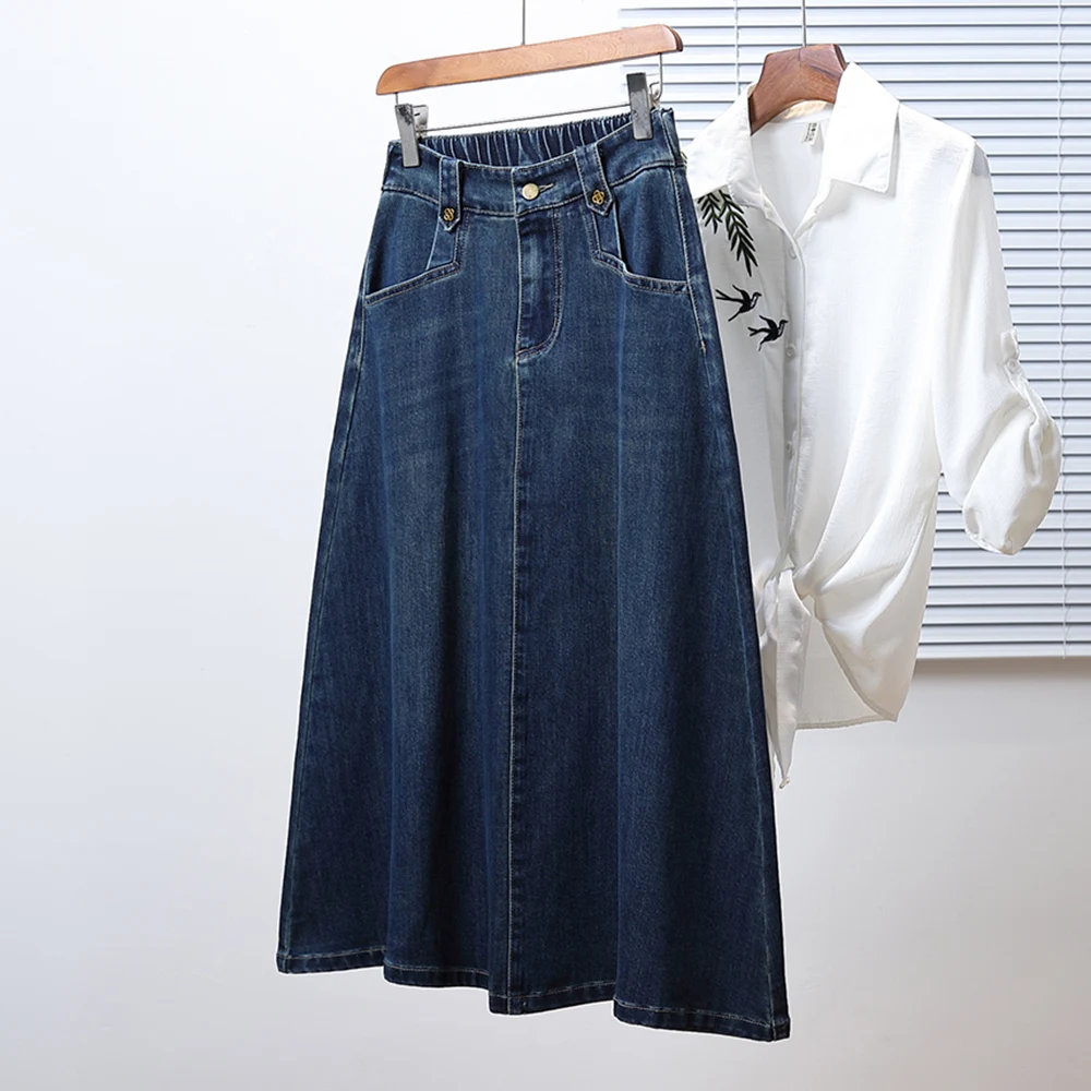 Retro Hong Kong Style High Waist Slimming Denim Midi Skirt Women's Casual Versatile Slim Fit Umbrella Skirt Dream Qing Sha Po