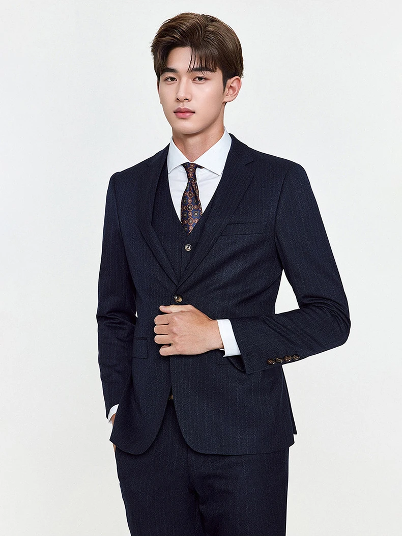 Men's Blue Stripe Suit Premium Groom Wedding Tuxedo Business Formal Blazer Set Elegant Office Attire for Commuting & Ceremonies