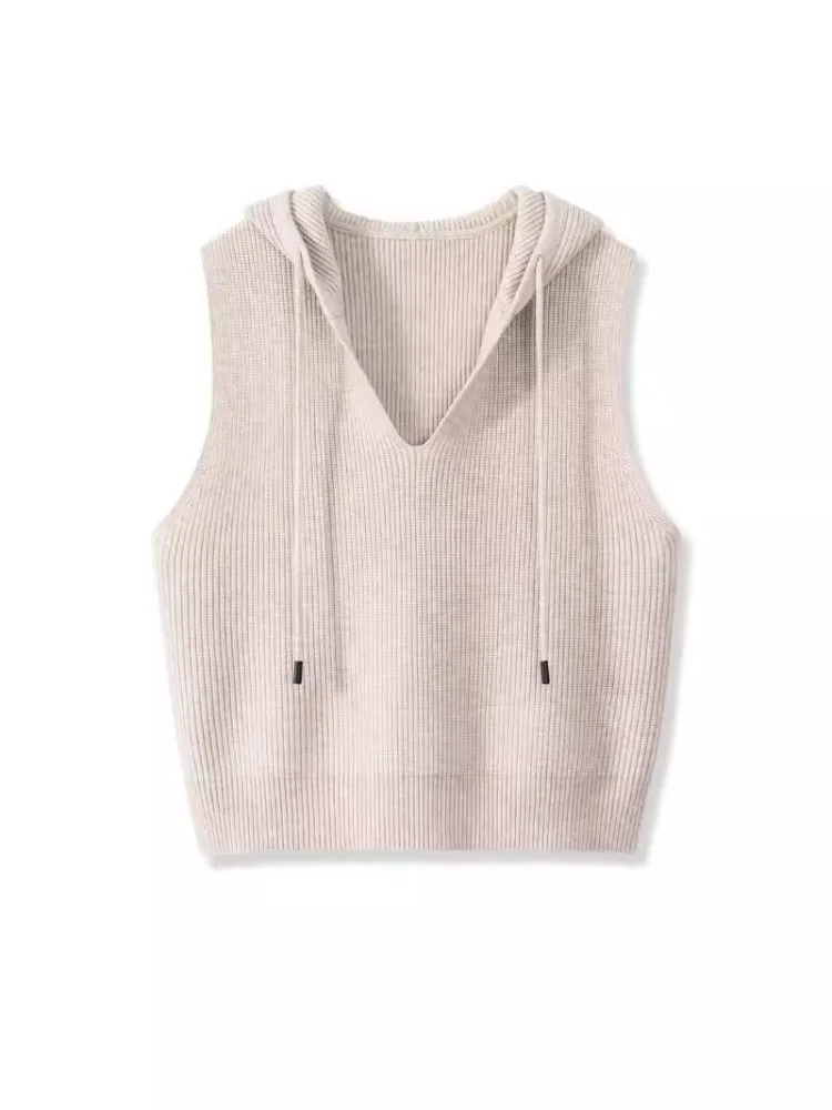 

Women's Knitted Hoodie Vest 2025 New Autumn Winter Outerwear Pure Color Versatile Layering Sweater Vest Woolen Knitwear
