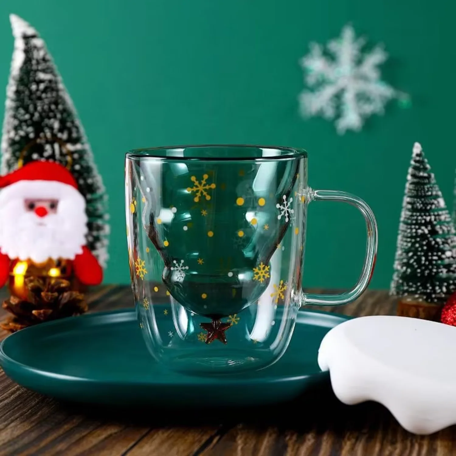 Taza de café con globo de nieve, juego de regalo de Feliz Navidad, taza de cristal con árbol de Papá Noel y fabricación de cucharas, tazas 3D de doble pared de nuevo diseño