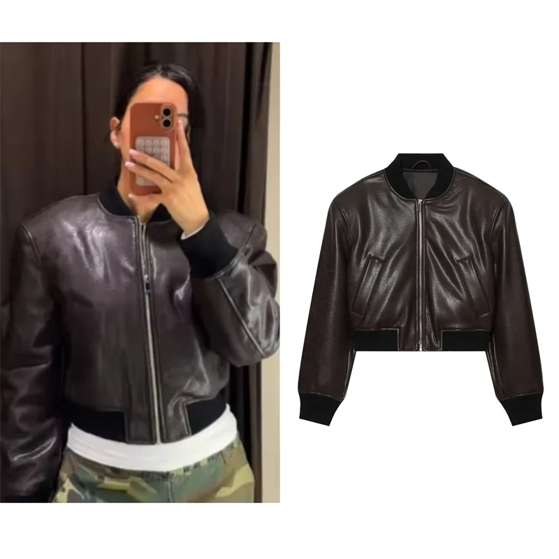 Guobioziy Women's 2026 Fall Double-Layer Collar Gathered Waist Mid-Length Double-Breasted Stand Collar Leather Jacket