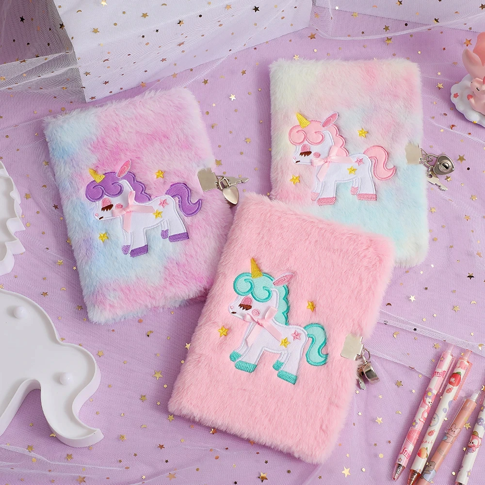 Children\'s Plush Unicorn Cartoon Notebook Lockable Diary Book Hand Ledger Notepad Students Gift Stationery Supplies