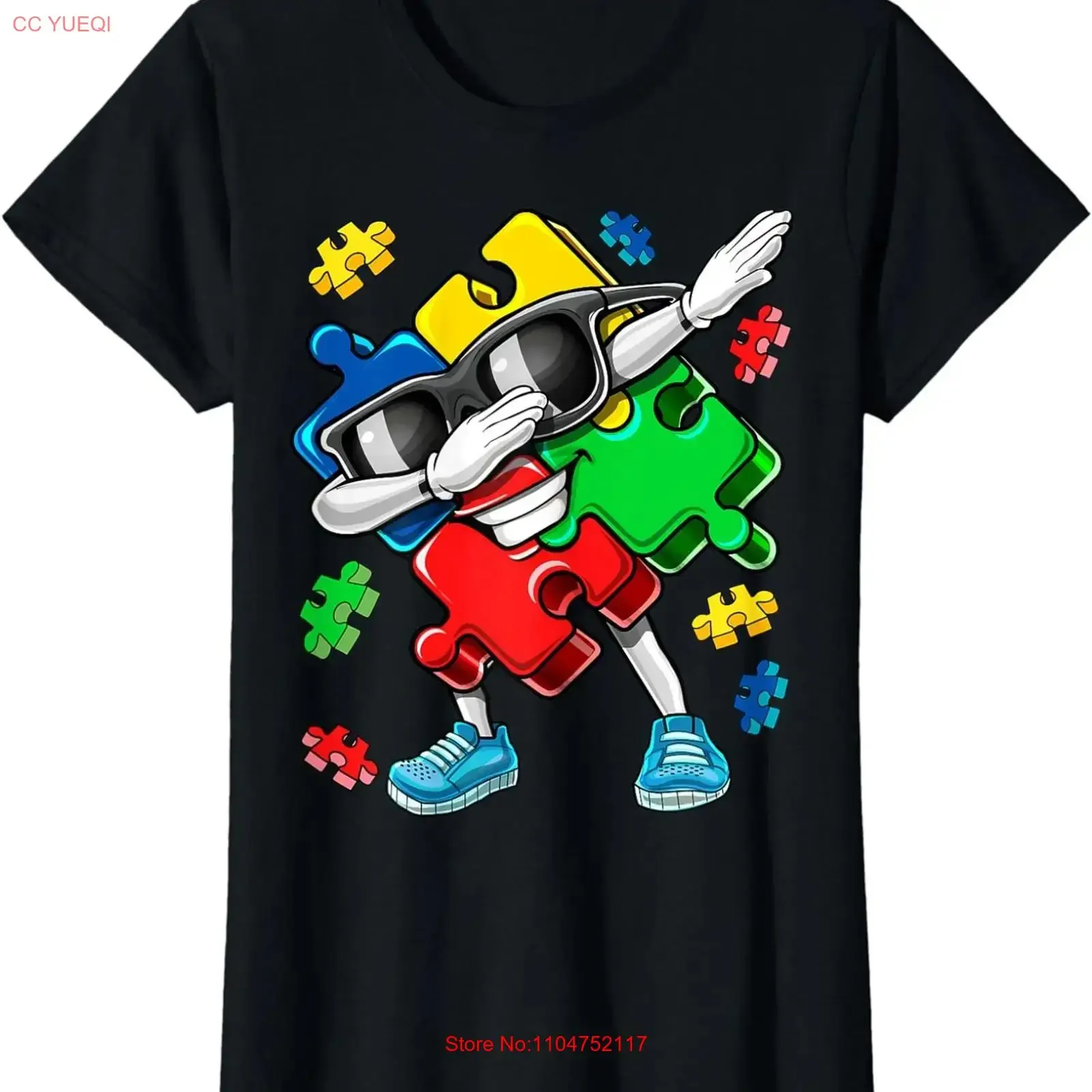 Autism Awareness Dabbing Puzzle Piece Funny Ladies' Crewneck T Shirt long or short sleeves vintage Washed Slightly Stylish