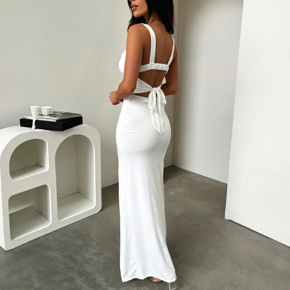 Sexy Dresses for Women 2024 Summer New Fashion Slim Fit Elegant Sleeveless Split Backless Spaghetti Strap Bodycon Maxi Dress