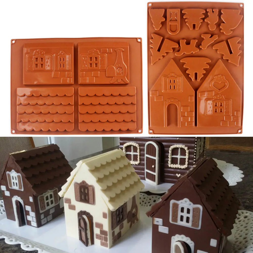 2 Pcs/Set 3D Christmas Silicone Mold Gingerbread House Shape Chocolate Cake Mould DIY Biscuits Cookie Stencil Baking Tools