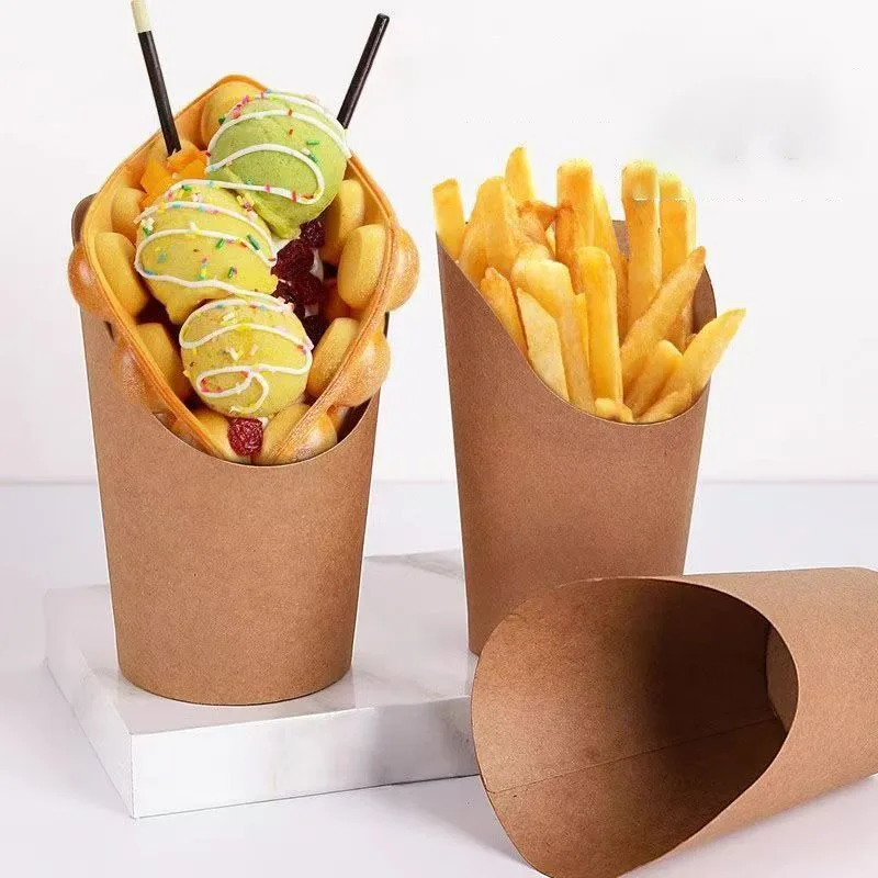 Taza de huevo desechable de 14oz, soporte para patatas fritas, papel Kraft, taza para patatas fritas, aperitivos, postre, caja de patatas fritas, suministros para fiestas, 25/50/100 Uds.