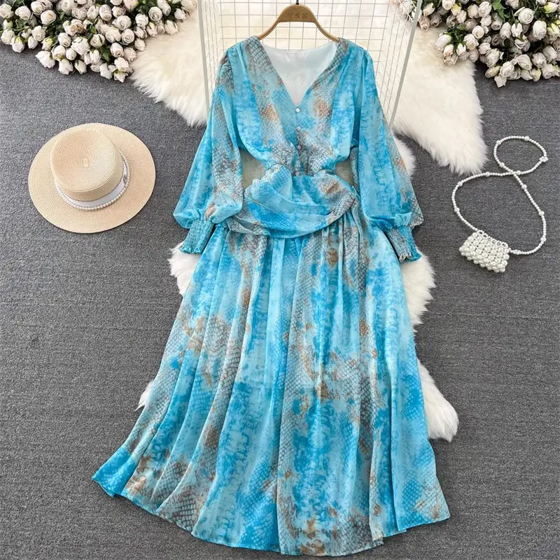 Spring And Autumn Dress Luxury Elegant Lantern Long Sleeve V-Neck Waist Shrinking Wrinkle A-Line Snake Print Dress Maxi Z2744