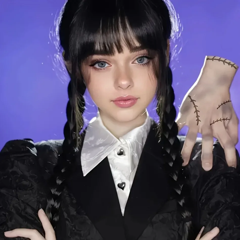 Halloween Spot Adams Family Wednesday Cos Wig High Temperature Silk Full Head Cover Black Double Braids Girls Black Braided Wig