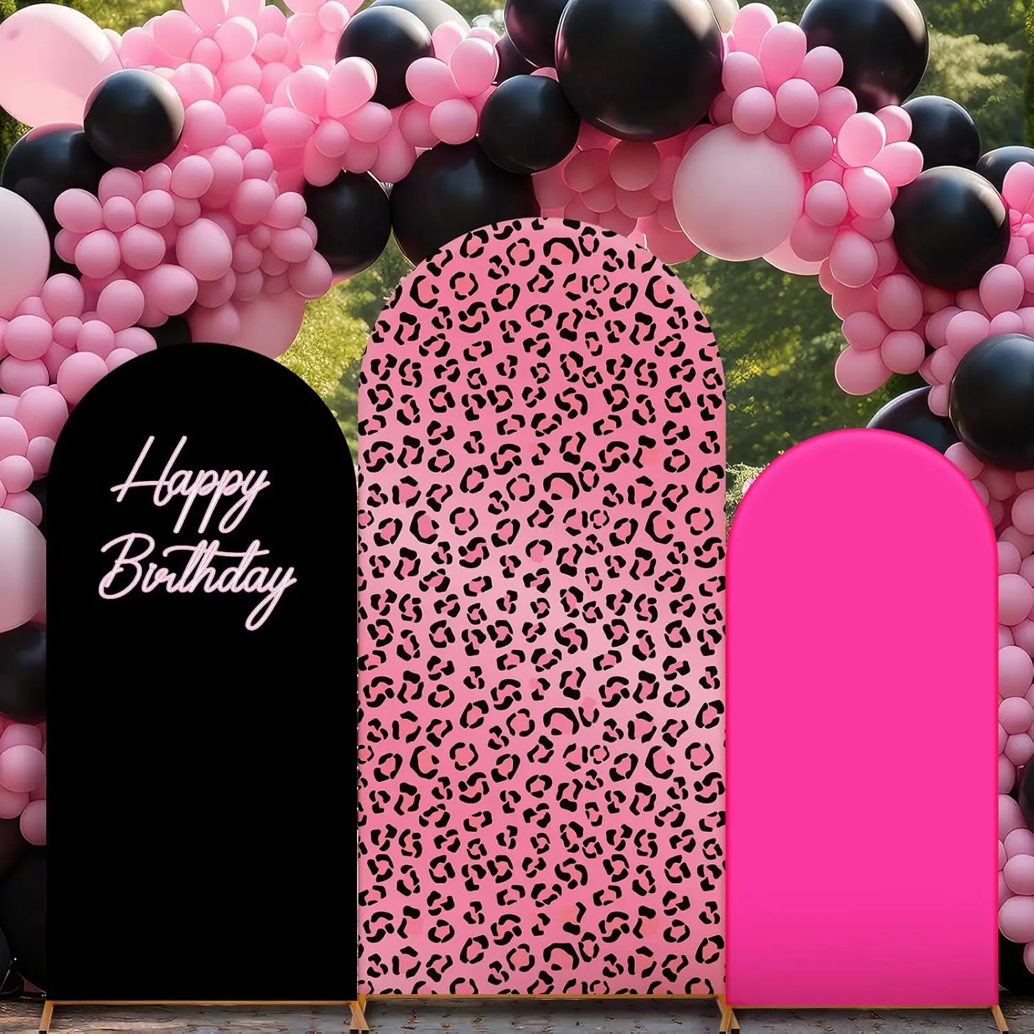 

LS Custom 2-Sided Pink Leopard Print Jungle Safari Wedding Bridal Shower Birthday Cover Chiara Arch Background Decor Backdrop