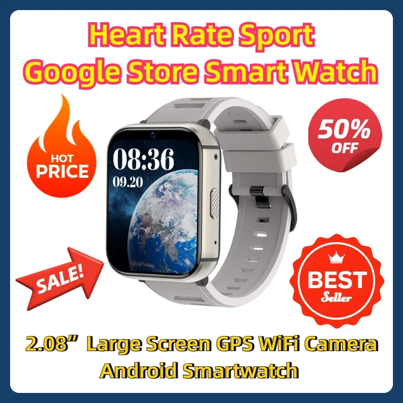 2.08”Large Screen GPS WiFi Camera Android Smartwatch  Heart Rate Sport Google Store Smart Watch