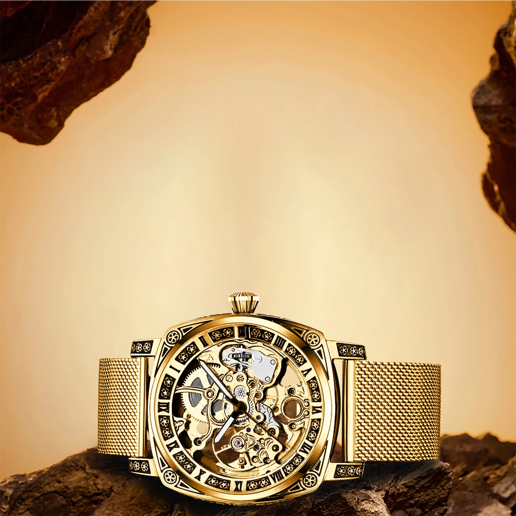New Men's Watch with Hollowed Out Carving Design, High-End Fashion Disc Gold Mesh Belt, Men's Fully Automatic Mechanical Watch