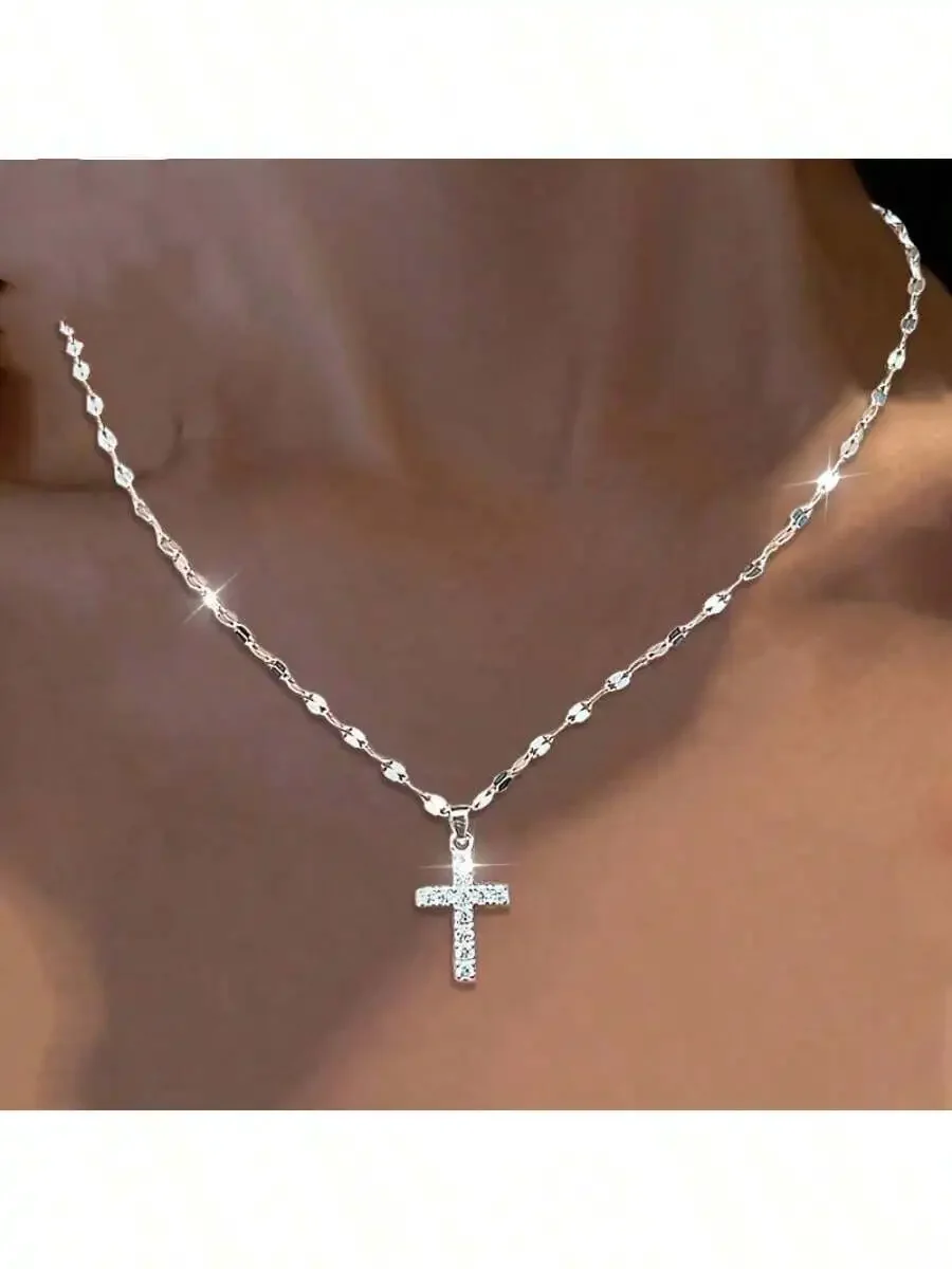 Cross Pendant Necklace With Cubic Zirconia, Hypoallergenic Fashion Jewelry For Women