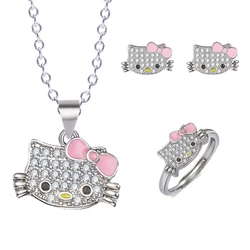 3pcs Sanroi Hello Kitty Diamond Necklace Set for Women Fashion Metal Earrings Ring Set Girls Sweater Chain Christmas Gifts