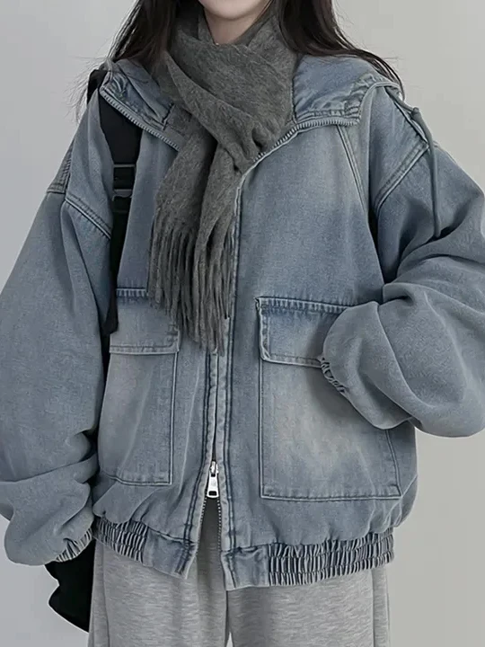 

Chic Winter Warm Fce Lined Thiened Hooded Denim Jaet Women Loose Casual Lazy Sle Anti Aging Coat Korean Sle