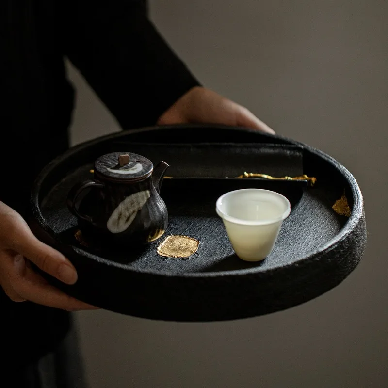 Handmade, wabi-sabi air dry brewing table made old round tray, craft, tea tray, tea table