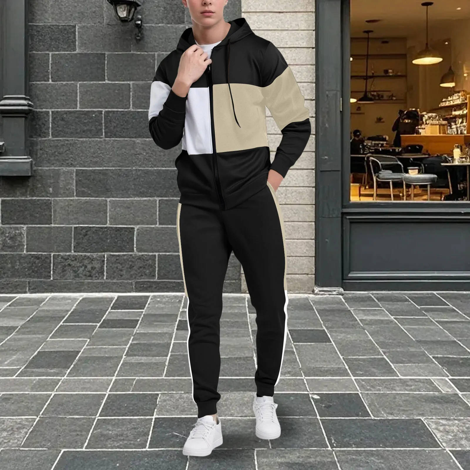 

Parenting Suit Men's Casual Sports Suit With Hooded Zip Up Jacket And Elastic Waist Drawstring With Pockets My's Mens Suit