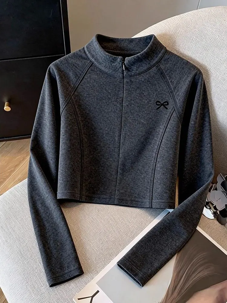 Gray Warm Long Sleeve Zipper Stand Collar Half Zip Inner Wear Design Slim Fit Base Shirt Women's Top Fashionable Winter 2026