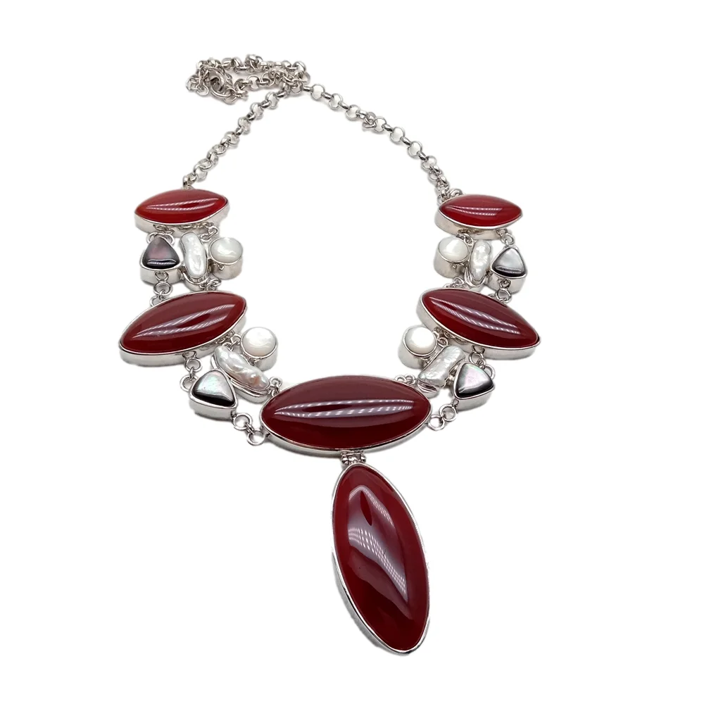 Y·YING Red Agate White Biwa Pearl Sea Shell Statement Necklace Women Jewelry