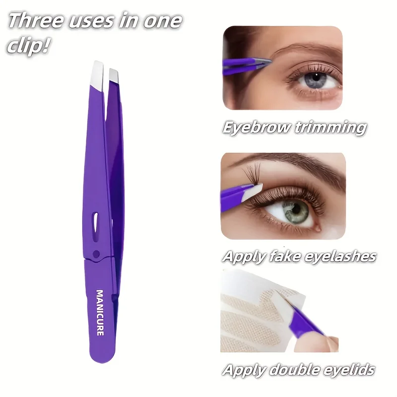 Clip para cejas de alta precisión, pinzas rizadoras de pestañas de acero inoxidable, diseño inclinado púrpura, desplumado de barba para hombres, regalo de Navidad