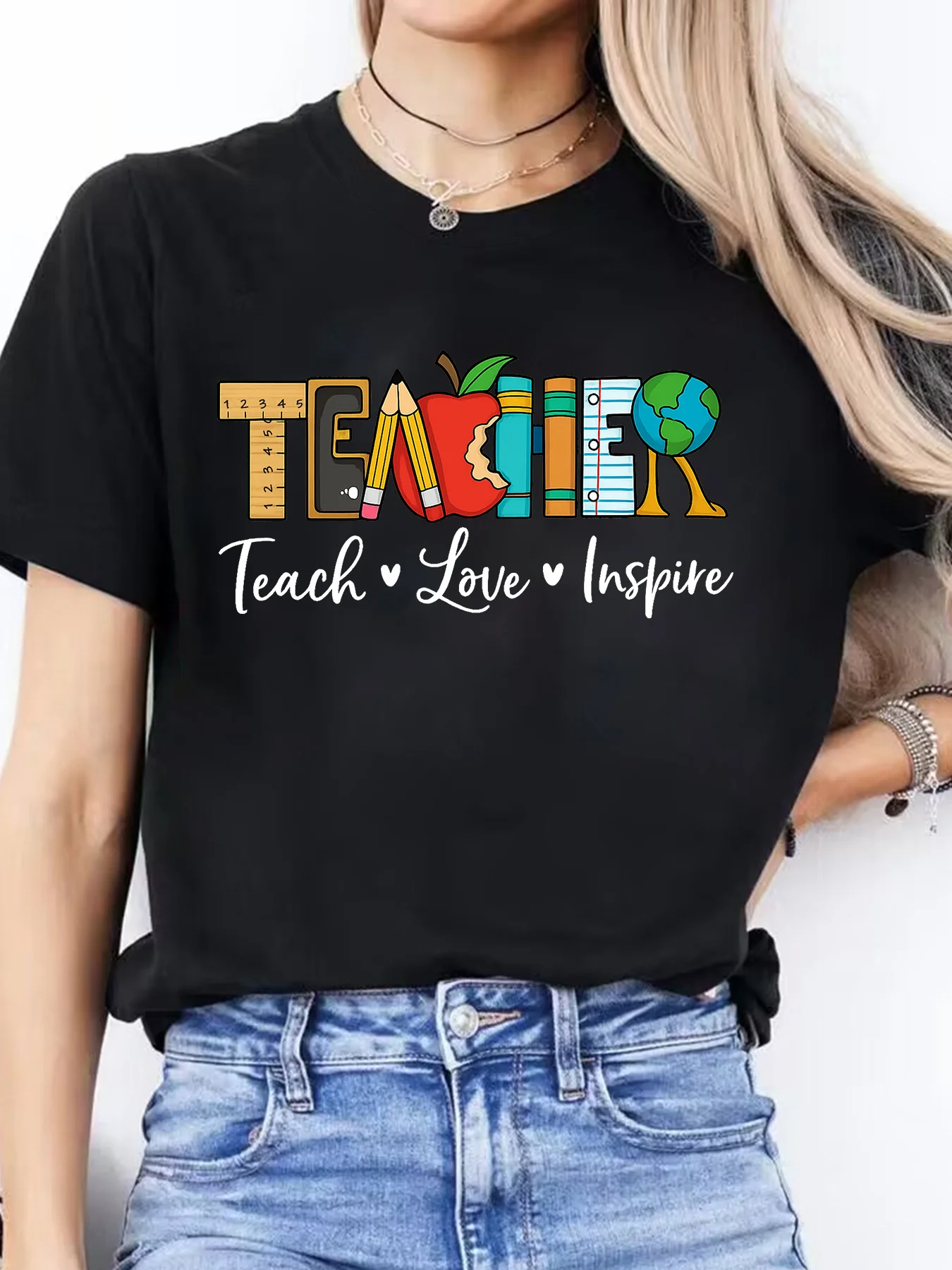 Spanish Letter Print Spring Summer Casual Round Neck Short Sleeve Sports T-Shirt Women's Top