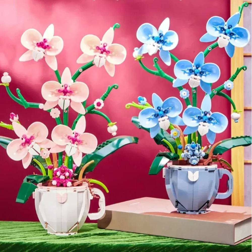 Simulation Orchid Potted Flower Building Blocks Creative Assembly Plant Bouquet Tulips/Roses Decoration Toys Bricks Girls Gift