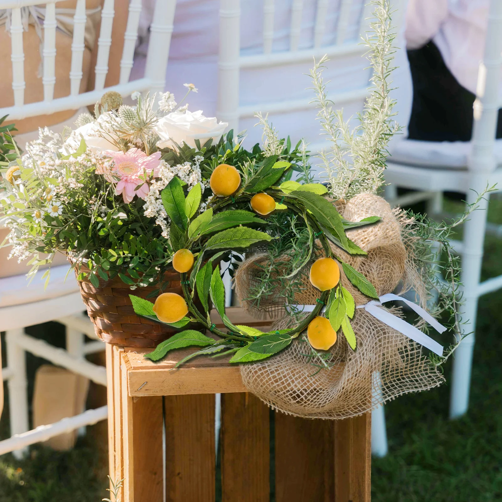 

1Pcs Artificial Lemon Wreath with Simulation Green Leaves 35Cm Iron Hoop for Door Wall Decoration Lemon Door Garland for Home