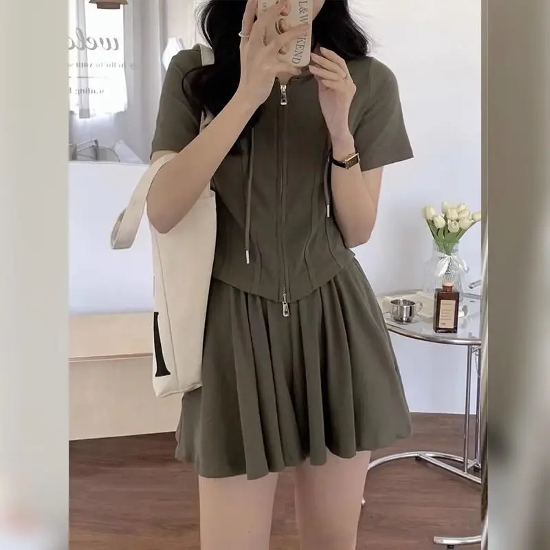 Women Sporty Slim Hooded Zipper Sweatshirts Shorts Skirts Two Piece Sets Korean Lady Short Sleeve Tops Solid Pants Outfits 2024