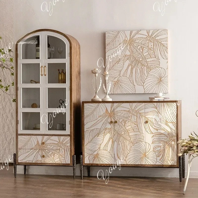 

Modern Solid Wood Carving Flower Sideboard Buffet Cabinet with Door, Large Kitchen Storage Cabinet with Solid Wood Console Table