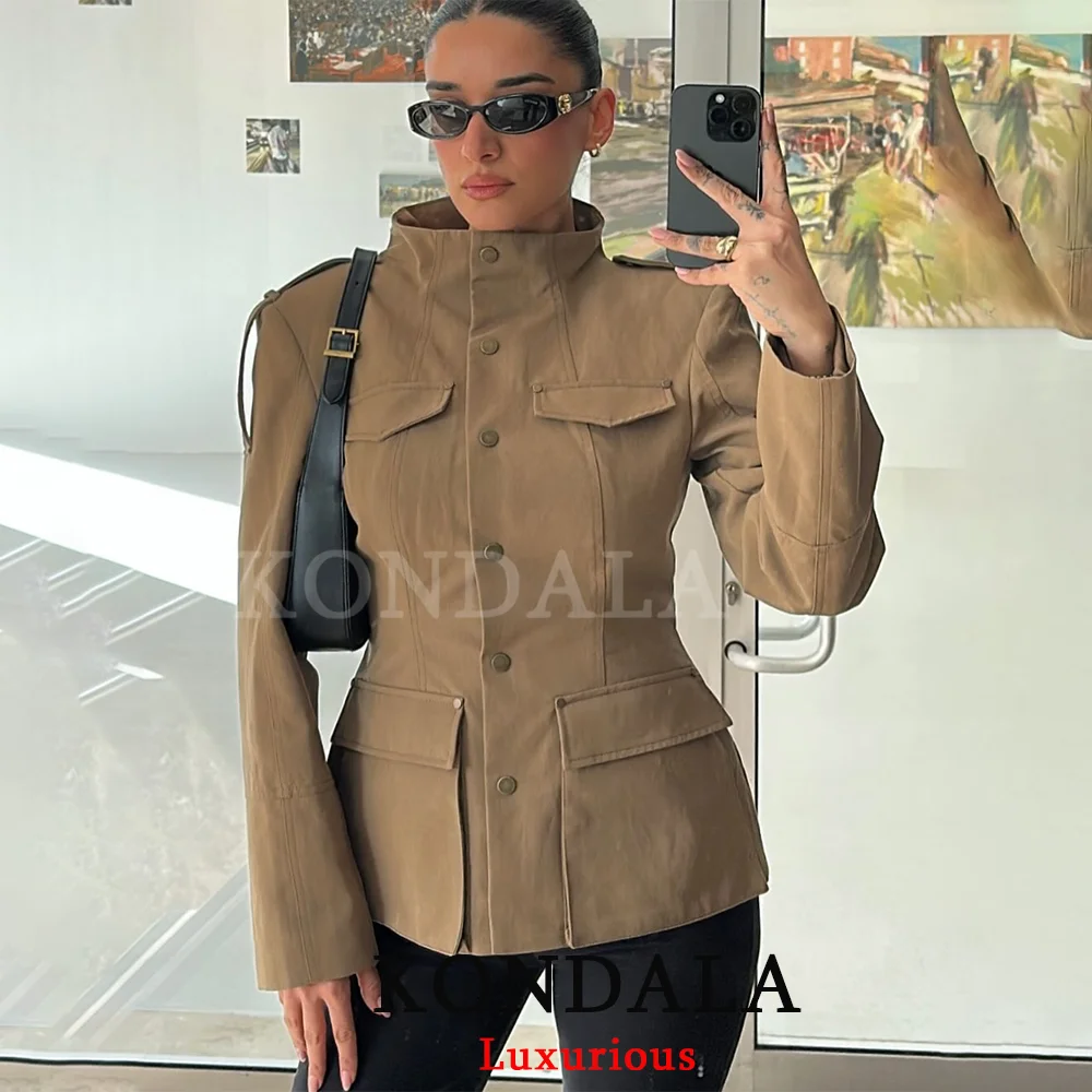 

Женский блейзер KONDALA в винтажном стиле, цвет хаки, с воротником-стойкой, однобортный, с карманами, новая модная коллекция Весна 2026