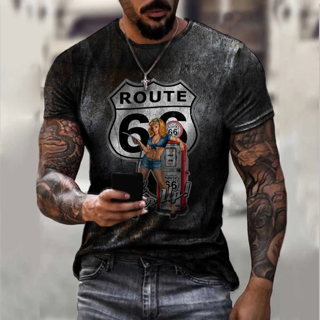 Summer T Shirts USA America Route 66 Letters 3D Print Cool Men Short Sleeve Oversized T-shirt Vintage Streetwear Boys Tees Tops