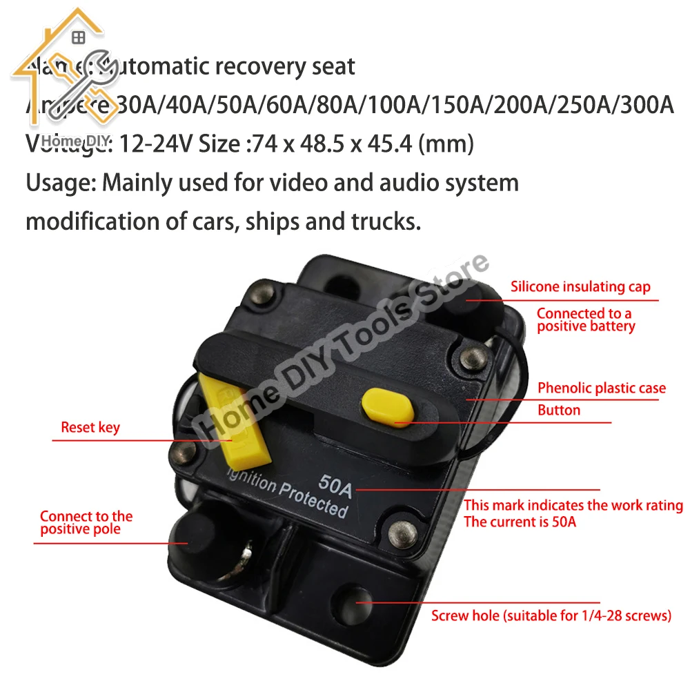 30-300A 12 24 Volt DC Self Recovery Circuit Breaker with Manual Reset Button for Automotive Rv Marine Boat