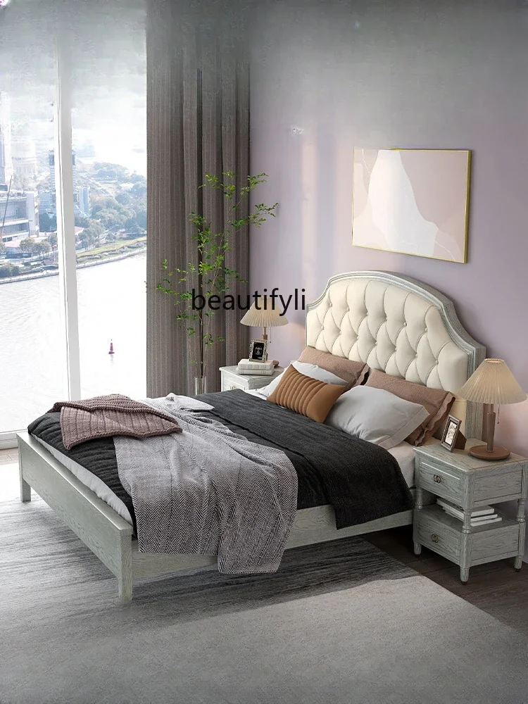 Master Bedroom Gray Leather Bed Simple Modern Style Genuine Leather American High-End Elegant Light Luxury All Solid Wood